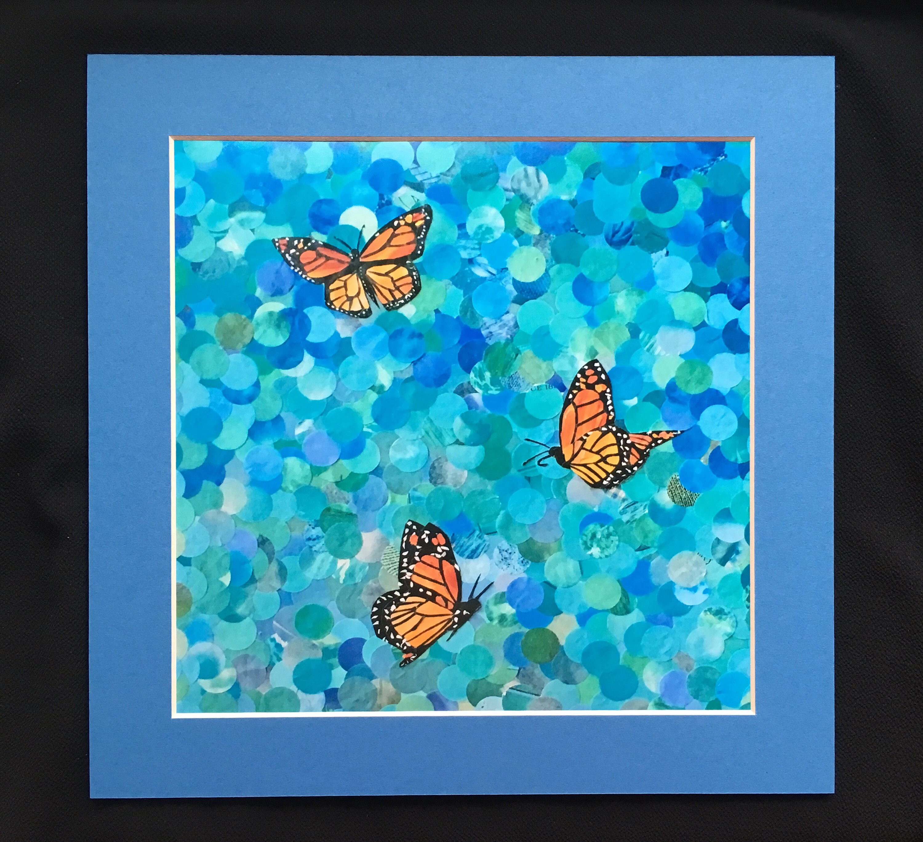 Monarch Butterfly Collage Art Print With Blue Mat 8 X 8 Art in a 10 X