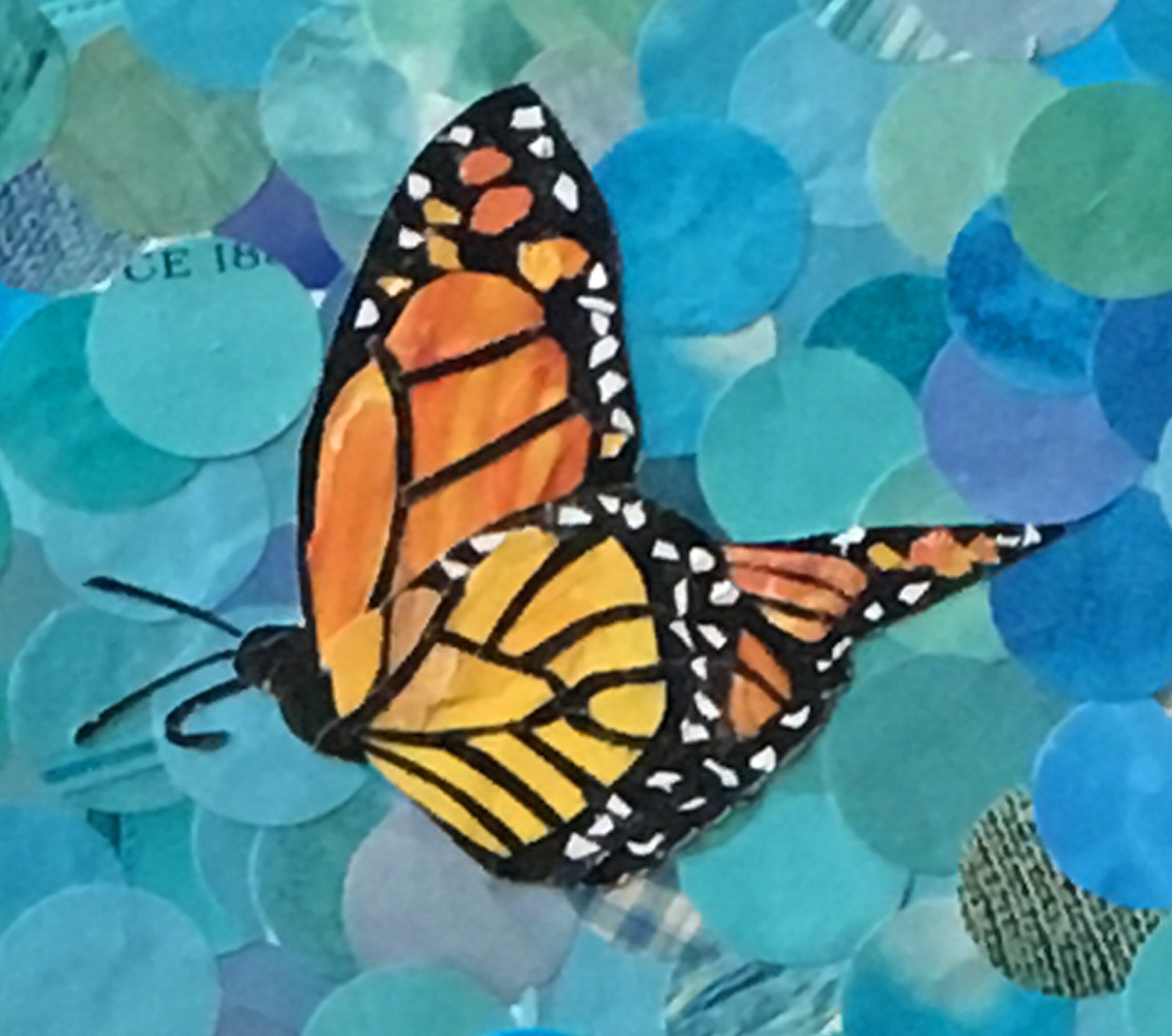 Monarch Butterfly Collage Art Print With Blue Mat 8 X 8 Art in a 10 X