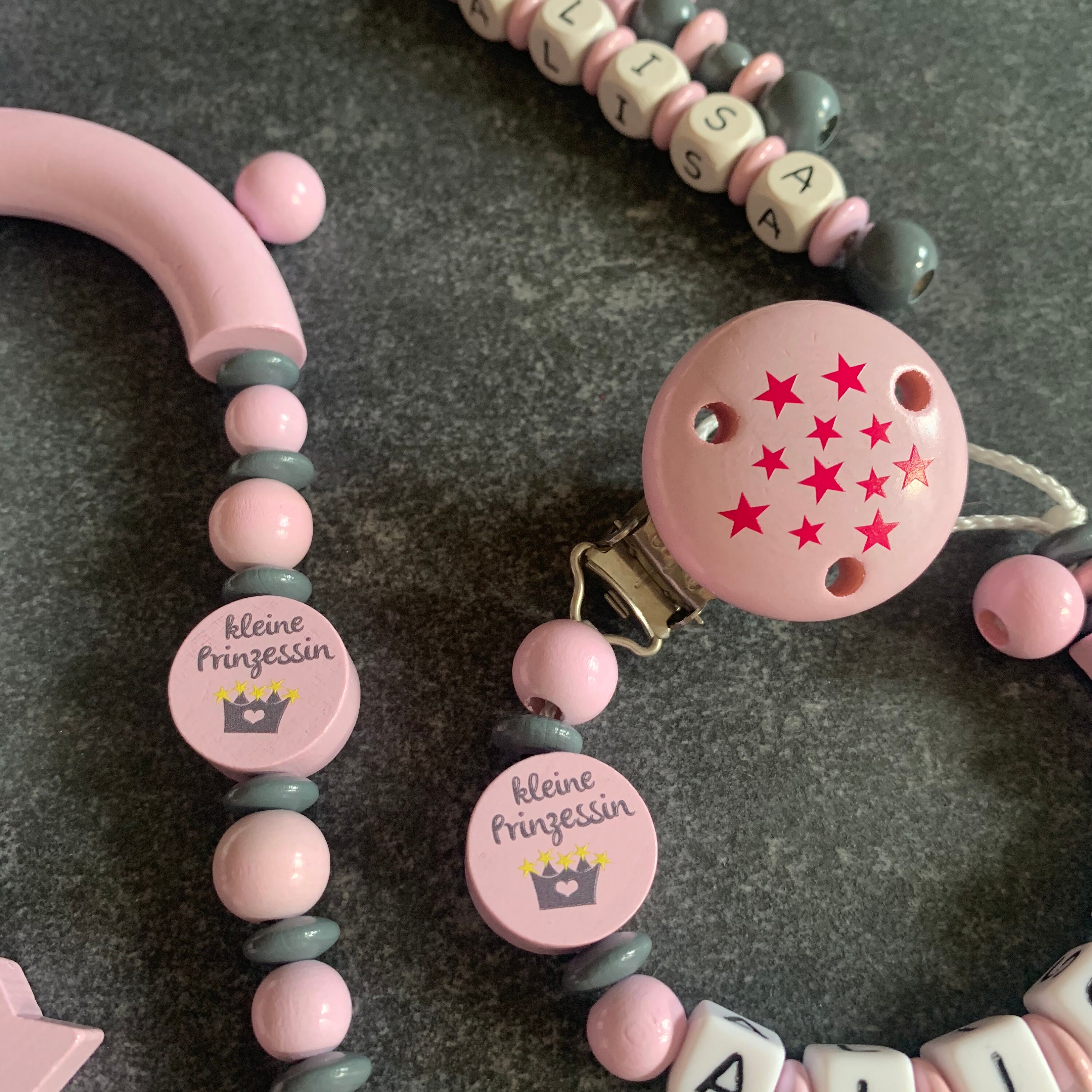 Pacifier necklace with name little princess pink/grey Etsy