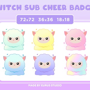 May include: A set of six Twitch sub cheer badges featuring cartoon sheep in various pastel colors: mint, yellow, pink, light blue, purple, and rainbow. Each sheep has a cute face and is surrounded by sparkles. Text at the top reads "TWITCH SUB CHEER BADGES".