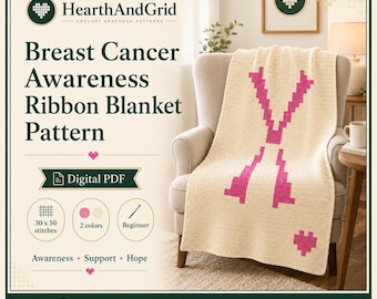 Breast Cancer Awareness Ribbon Crochet Pattern, Pink Ribbon Graph Chart, Chunky Knit Blanket PDF