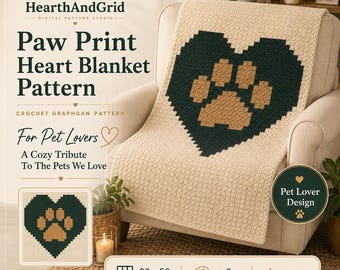 Paw Print Heart Crochet Blanket Pattern, Dog Cat Graphgan PDF, Pet Lover Gift