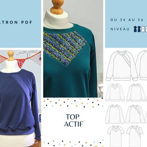 Peut inclure: Image d'un patron de couture pour un haut. L'image comprend un haut vert d'eau avec un patch texturé multicolore sur la poitrine et un haut bleu marine avec un motif texturé. Le texte comprend "PATRON PDF" et "TOP ACTIF".