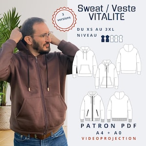 Peut inclure: Un sweat à capuche marron avec une fermeture éclair et une poche. L'image montre également un patron numérique pour un sweat à capuche avec trois versions différentes. Le texte sur l'image indique "Sweat / Veste VITALITE", "DU XS AU 3XL", "NIVEAU", "PATRON PDF", "A4 + A0", et "VIDEOPROJECTION".