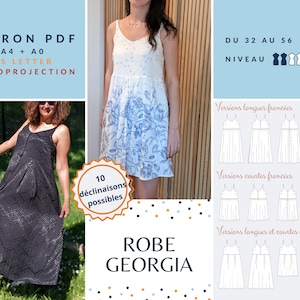 Puede incluir: Un patrón de costura digital para un vestido llamado "Georgia". El patrón incluye 10 variaciones del vestido, con diferentes longitudes y estilos. El patrón está disponible en tallas 32 a 56 y está clasificado como un proyecto de costura fácil. La imagen muestra a una mujer con un vestido floral azul y blanco y a una mujer con un vestido negro.