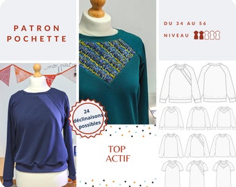 Top - Sweatshirt - Active Sweater Woman - Pattern POUCH - Sizes 34 -> 56