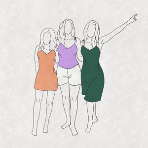 May include: Three women standing together wearing sleeveless dresses. The woman on the left is wearing a peach dress, the woman in the middle is wearing a purple top and white shorts, and the woman on the right is wearing a green dress.