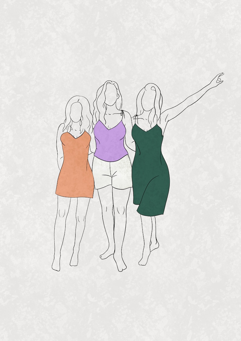 May include: Three women standing together wearing sleeveless dresses. The woman on the left is wearing a peach dress, the woman in the middle is wearing a purple top and white shorts, and the woman on the right is wearing a green dress.