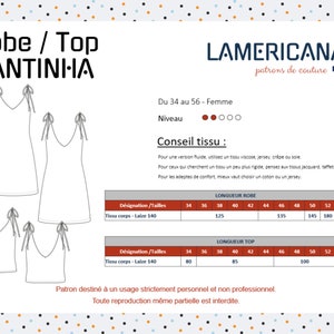 May include: A sewing pattern for a dress or top with a V-neck and straps. The pattern is for sizes 34 to 56 and includes instructions for different fabric types. The pattern is called "Robe / Top SANTINI-HA" and is from the brand "LAMERICANA".