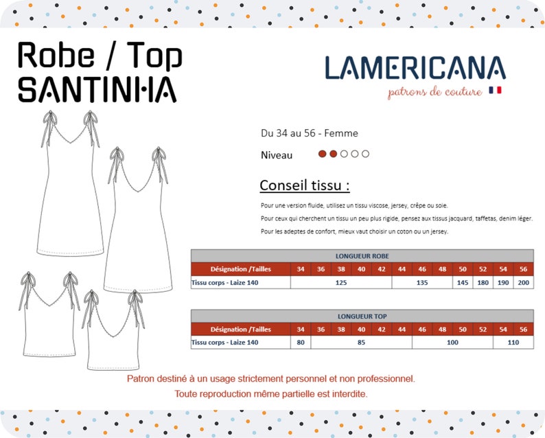 May include: A sewing pattern for a dress or top with a V-neck and straps. The pattern is for sizes 34 to 56 and includes instructions for different fabric types. The pattern is called "Robe / Top SANTINI-HA" and is from the brand "LAMERICANA".