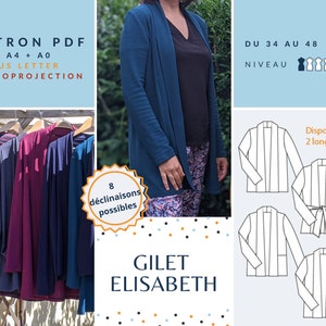 Peut inclure: Image composite présentant un cardigan bleu canard porté par une personne, et plusieurs cardigans de différentes couleurs suspendus à des cintres en bois. L'image comprend également un schéma du design du cardigan et le texte "GILET ELISABETH" et "PATRON PDF".