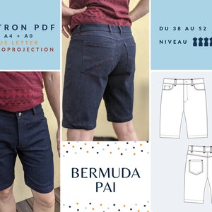 May include: A PDF pattern for making Bermuda shorts. The pattern includes instructions for sizes 38 to 52. The pattern is for a beginner sewing level. The image shows a pair of blue denim shorts.