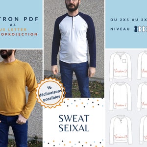 Peut inclure: Patron de couture pour un sweat à manches longues avec 16 variations possibles. Le patron est disponible en tailles 2XS à 3XL et est intitulé "Sweat Seixal".