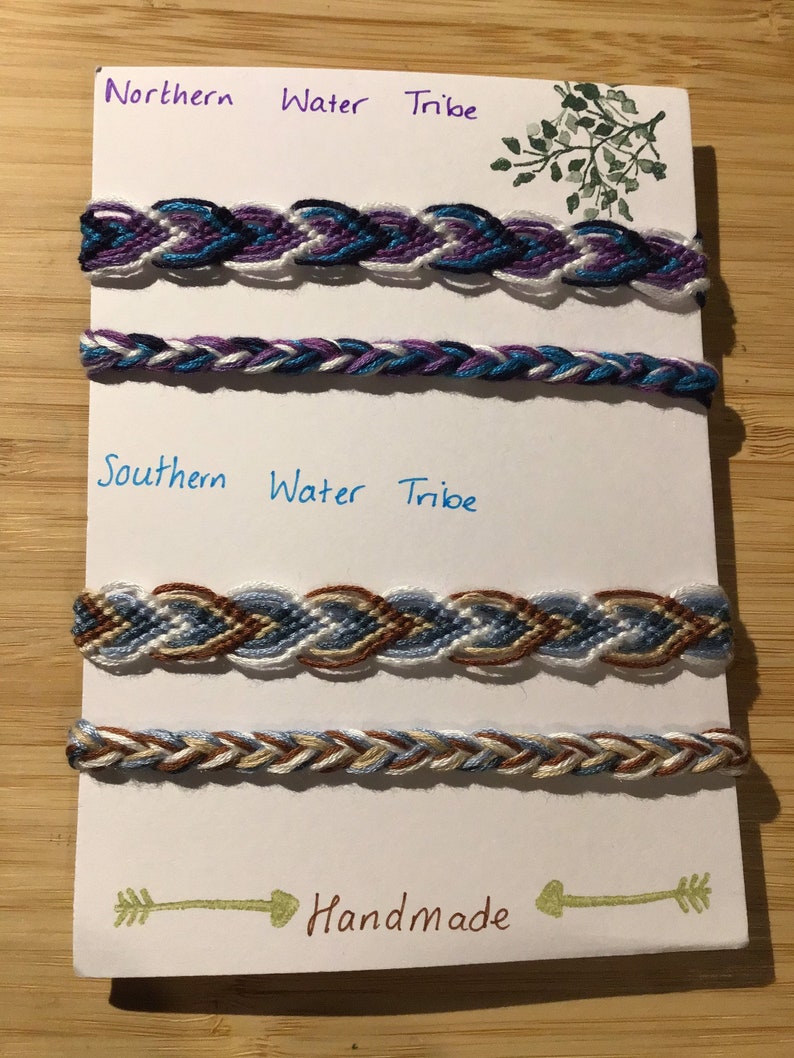 Friendship bracelets inspired by the colour scheme of Avatars earth, fire, air and water benders. north & south water