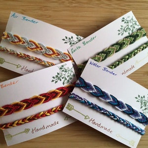 Friendship bracelets inspired by the colour scheme of Avatar’s earth, fire, air and water benders.