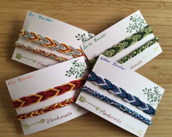 Friendship bracelets inspired by the colour scheme of Avatar’s earth, fire, air and water benders.