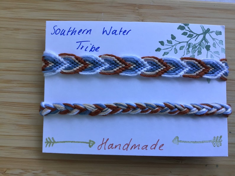 Friendship bracelets inspired by the colour scheme of Avatars earth, fire, air and water benders. southern water tribe