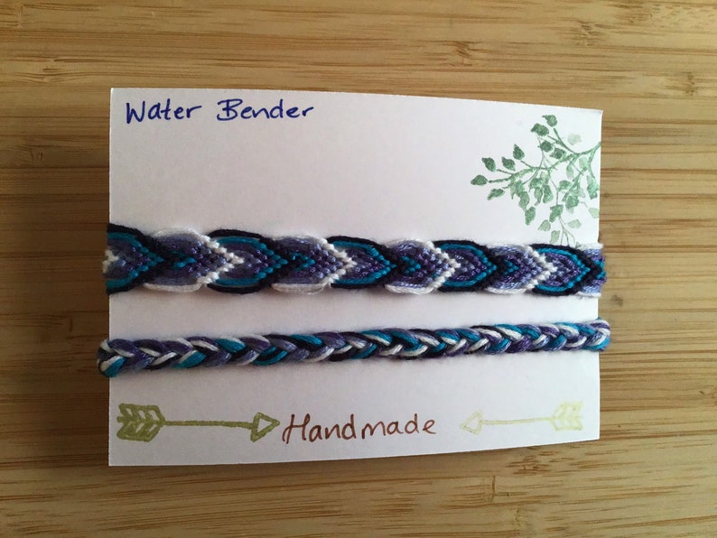 Friendship bracelets inspired by the colour scheme of Avatars earth, fire, air and water benders. water