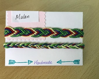 Handmade friendship bracelet duo in the colour scheme of Disney princess; Mulan, Rapunzel, Cinderella, Tiana, Elsa, and Pocahontas.