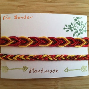 Friendship bracelets inspired by the colour scheme of Avatars earth, fire, air and water benders. fire