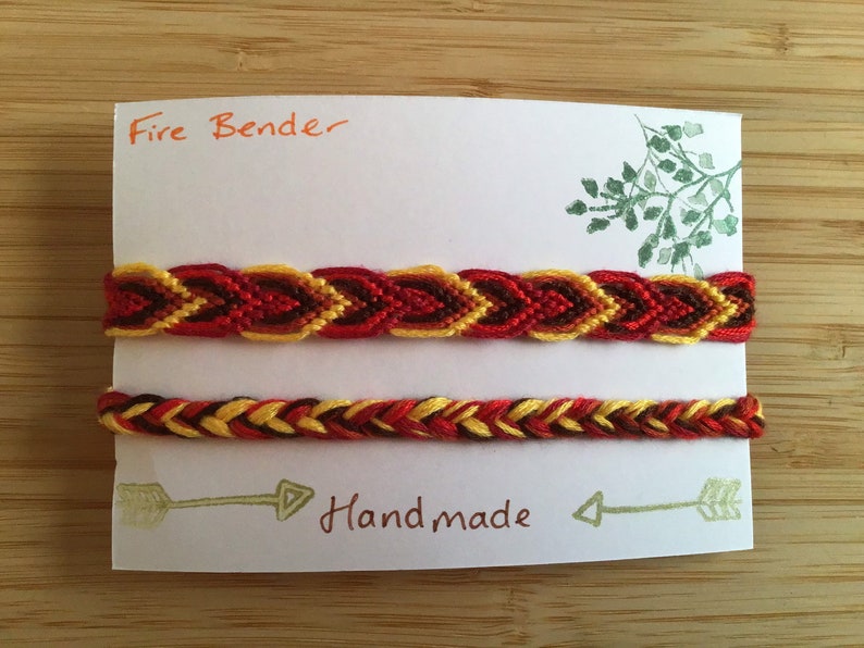 Friendship bracelets inspired by the colour scheme of Avatars earth, fire, air and water benders. fire