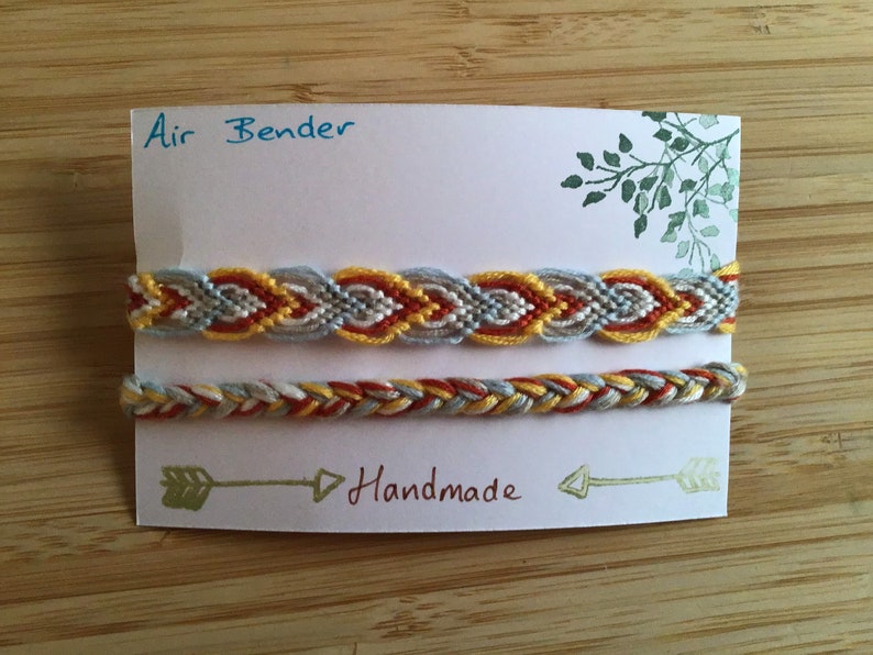 Friendship bracelets inspired by the colour scheme of Avatars earth, fire, air and water benders. air