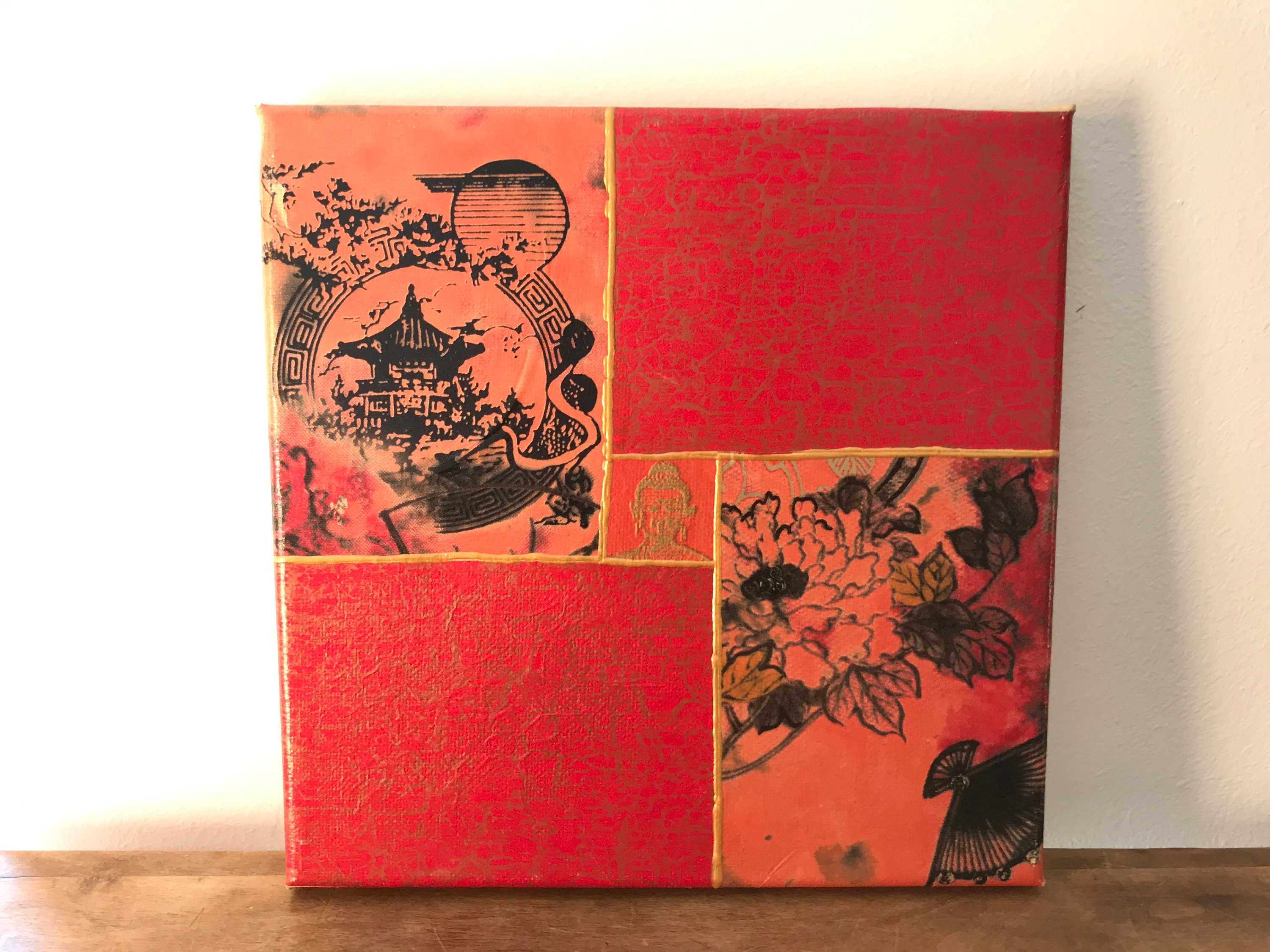 Bouddha Décoration Murale Asiatique Toile sur Chassis Original Fait Main Pièce Unique