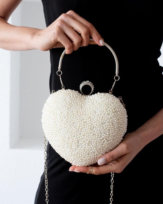 White Pearl Heart Evening Heart Clutch Bag Wedding Handbag 