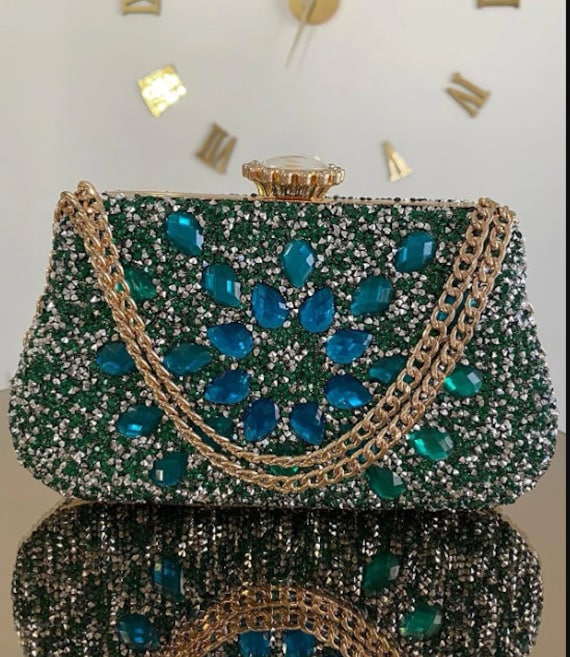 Women's Green Beads And Stones Evening Dress Bag, Wedding Handbag, Party Purses, Evening Dress Purses Clutch Bags, Gift for Women, Hand bag Women's Green Beads And Stones Evening Dress Bag, Wedding Handbag, Party Purses, Evening Dress Purses Clutch Bags, Gift for Women, Hand bag