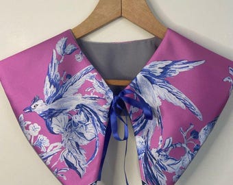 Colorful Pink Bird Print Detachable Peter Pan Collar, Hand Embroidered Handmade Clothing Accessories, Gifts For Her, Detach Collar Woman