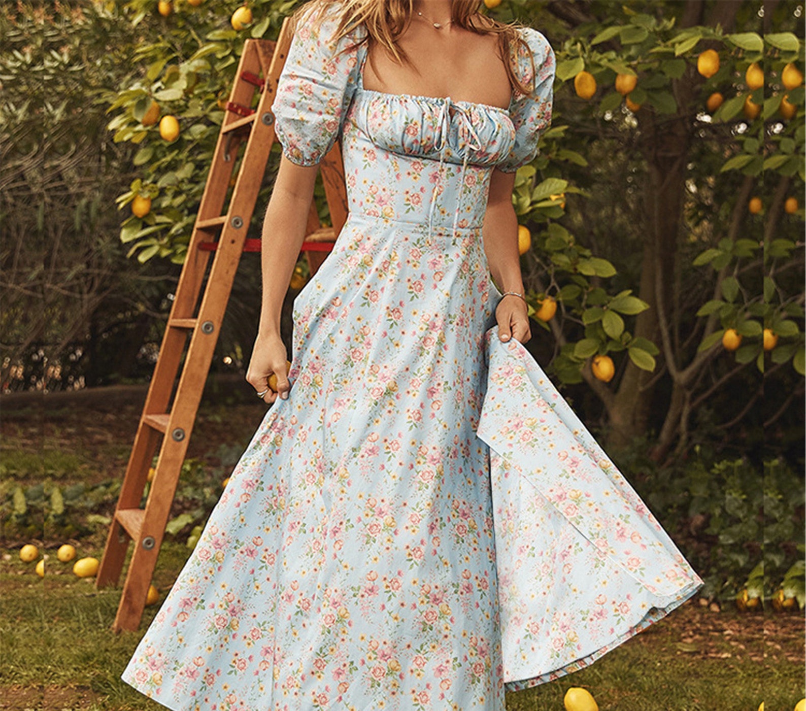 Cottagecore Milkmaid Fairy DressBlue Puff Sleeve Split Etsy