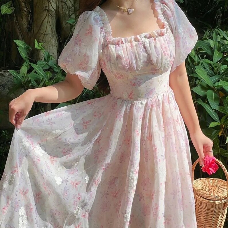 Chiffon Floral Puff Sleeve Square Neck Dress,Retro Fairy Dress,Victorian Dress,Milkmaid Dress,Homecoming Dress,Prom Dress,Cottagecore Dress 
