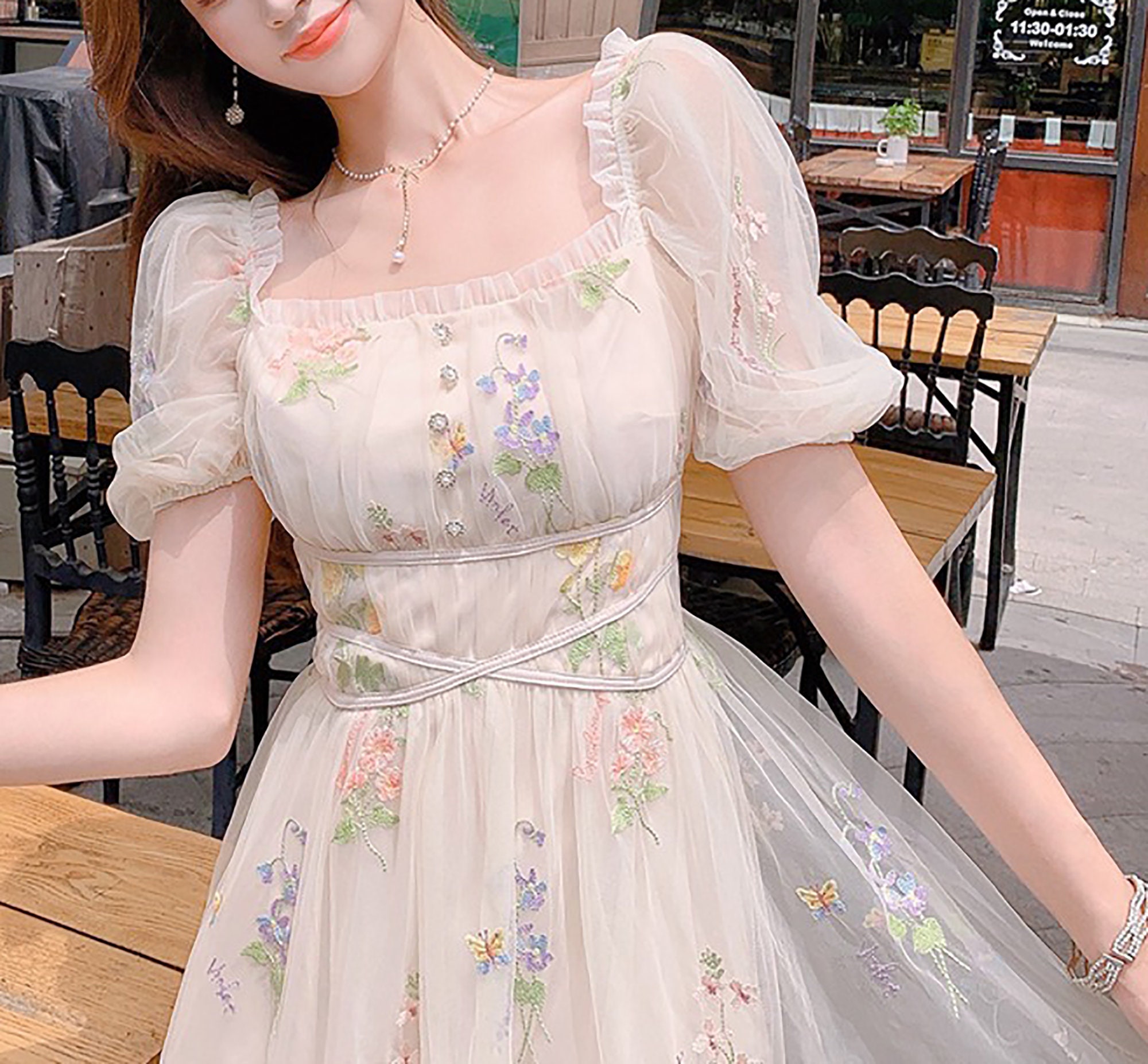 French Gauzy Fairy Dress,Square-neck Puff Sleeve Dress,French Vintage Dress,Milkmaid Dress,Victorian Dress,Cottagecore Dress,Summer Dress