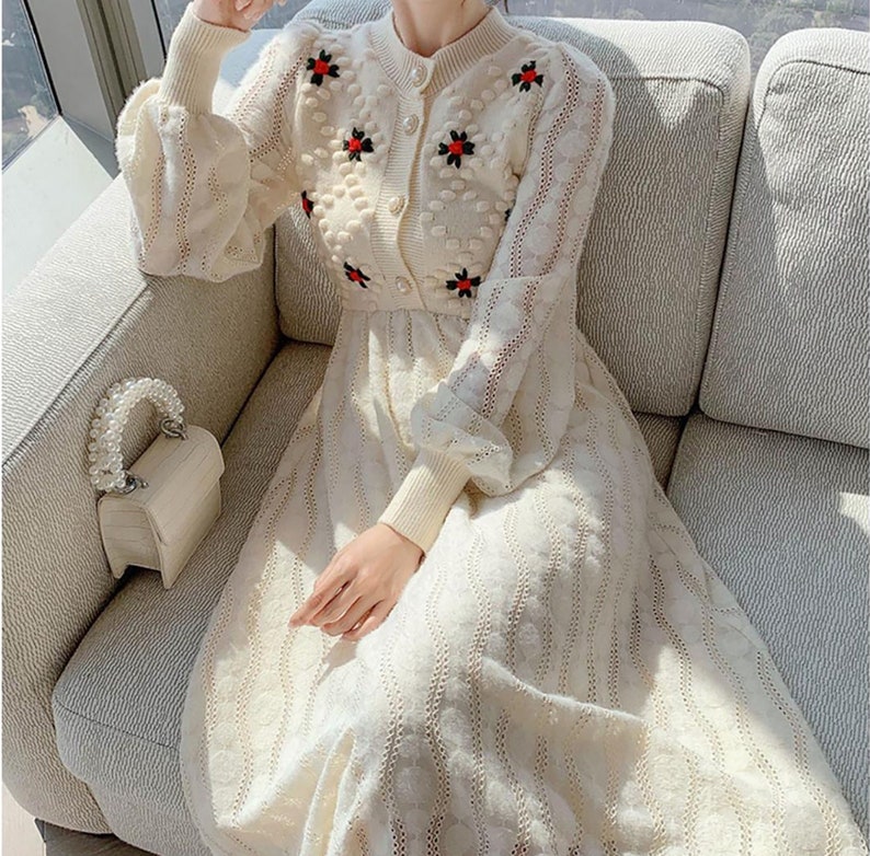 Embroidery Floral Knitted Long Sleeve Dress,Sweater Dress,Knitted Dress,Women Fall Dress,Cottage Core Dress,Victorian Dress,Autumn Dress 