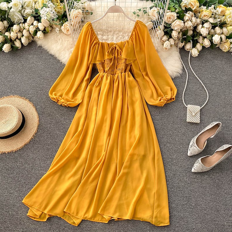 French Cottagecore Dress,Chiffon Fairy Dress,Vintage Dress,Autumn Dress,Women Dress,Long Sleeve Dress,Victorian Dress,Wedding Milkmaid Dress 