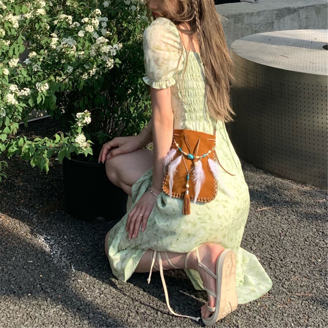 Cottagecore DressGreen Chiffon Flower DressSummer Midi Etsy