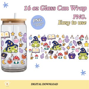Puede incluir: Una descarga digital para envoltorio de vaso de 16 oz con un patrón repetitivo de ranas verdes con sombreros de mago azules, cristales morados, setas rojas, libros abiertos, frascos de pociones, velas y lunas crecientes y estrellas amarillas.