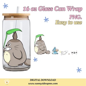 May include: A clear 16 oz glass can wrap featuring a cartoon character with a leaf umbrella. The design includes the text "16 oz Glass Can Wrap PNG. Easy to use" and the website address www.sunnysideupmx.com.