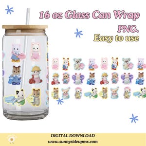 May include: A clear glass can with a bamboo lid and straw, decorated with various cartoon animal stickers. The text "16 oz Glass Can Wrap" and "PNG. Easy to use" are also visible. The bottom of the image has the text "DIGITAL DOWNLOAD www.sunnysideupmx.com".