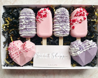 Purple & Pink Valentine's Day cakesicle set. Customizable gift set. Valentine's Day gift set. 4 cakesicles 2 edible cookie dough