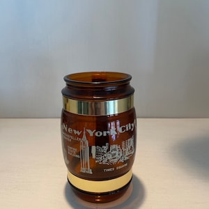 vintage, circa late 1960s era, brown glass, wood handle, souvenir mugs - New York, New Orleans