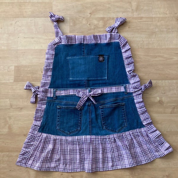 Denim Blue Jeans Apron with Front Pockets and Ruffles Handsewn One of a Kind