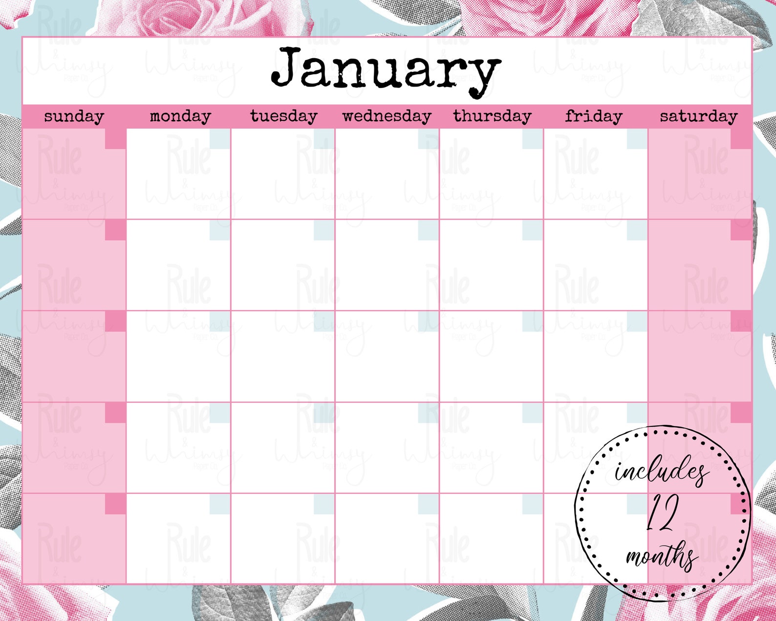 Printable Monthly Calendar Wall Calendar Desk Calendar Etsy