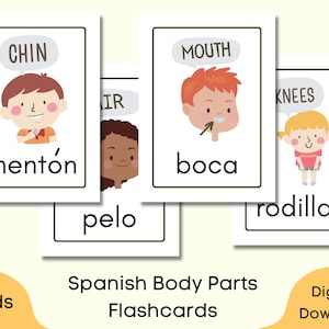 Tarjetas didácticas imprimibles de las partes del cuerpo en español, 22 tarjetas didácticas en español, partes del cuerpo en inglés y español, aprendizaje para niños pequeños y niños pequeños