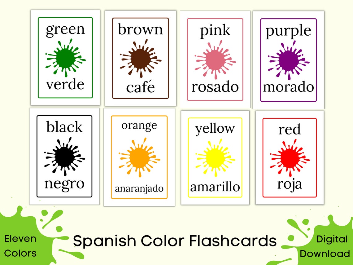 Spanish Color Flashcard Printable Spanish to English Etsy
