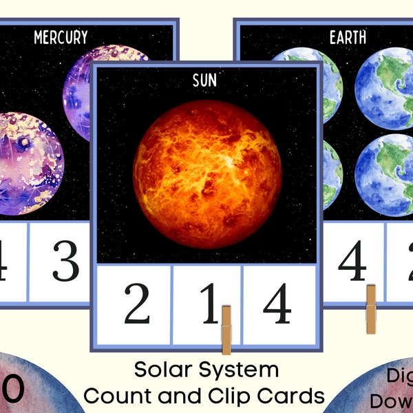 Planets Count and Clip Cards, Solar System Counting Clip Cards, Montessori Counting 1-10, Homeschool Resource, Preschool Printable