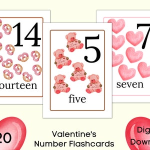 May include: Valentine's Day themed number flashcards for kids. The cards feature illustrations of pretzels, teddy bears, and hearts. The numbers 14, 5, and 7 are displayed on the cards, along with the words "fourteen", "five", and "seven".
