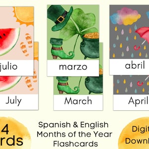 Spanish and English Months of the Year Flashcards with Pictures Printable, ESL Games, Classroom Decor, Educational Wall Art