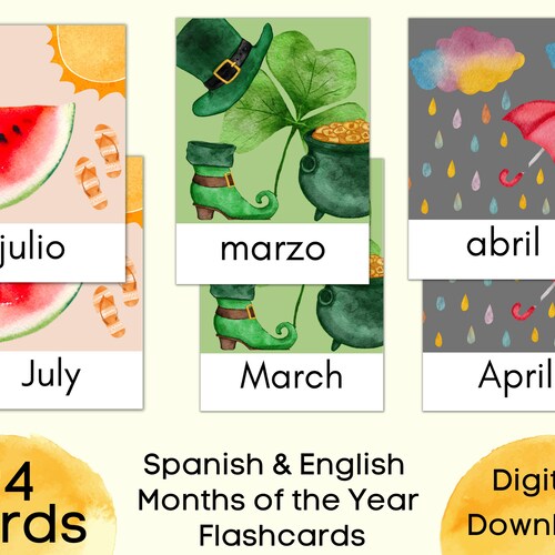 Spanish and English Months of the Year Flashcards With Etsy