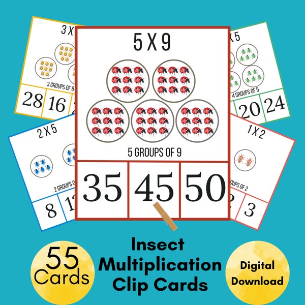 Spring Insect Multiplication Clip Cards, Multiples of 1 - 5, Homeschool and Early Elementary  Multiplication Count and Clip Cards